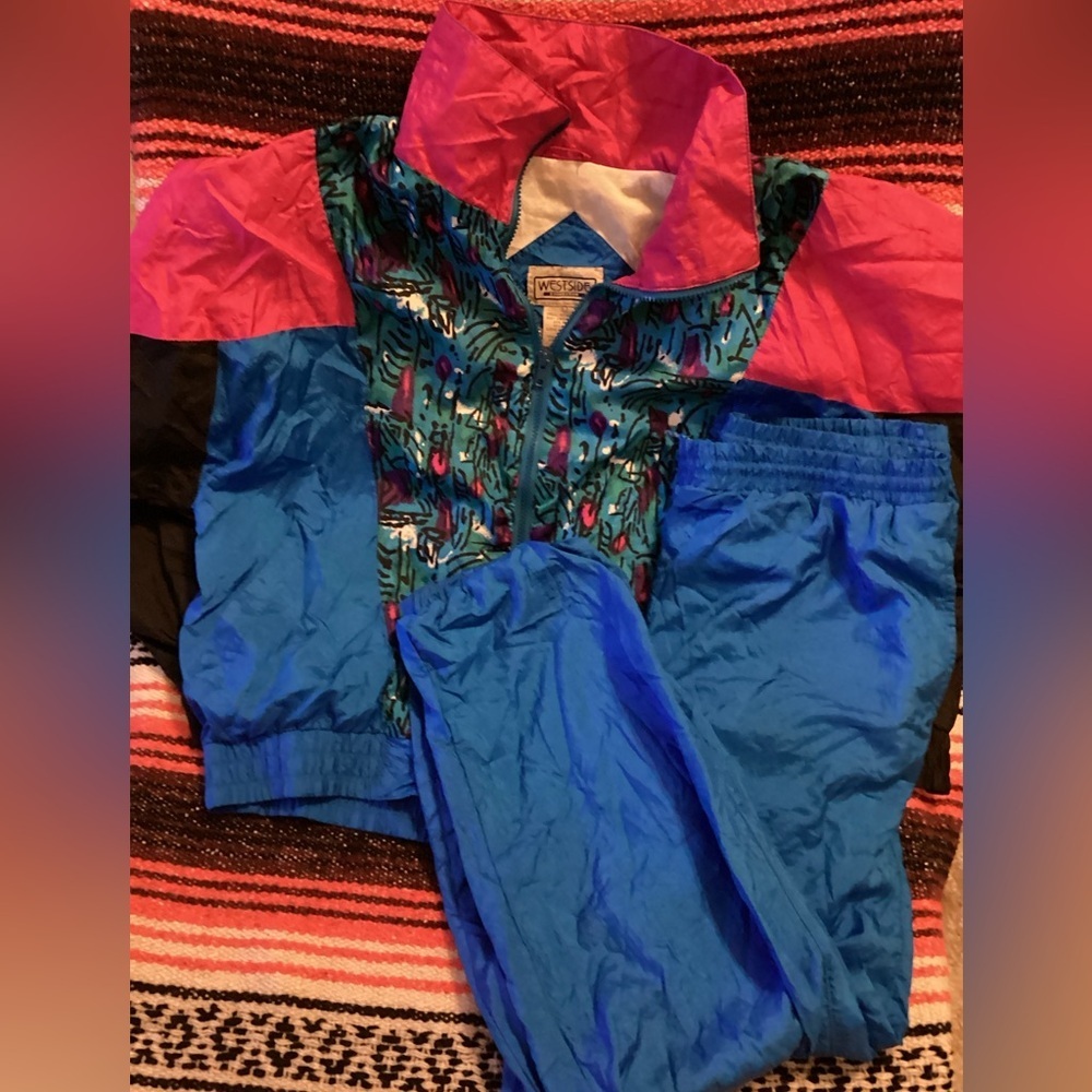 Vtg 90s Blue Pink Abstract Print Color Block Windbreaker Track Jacket Size Large